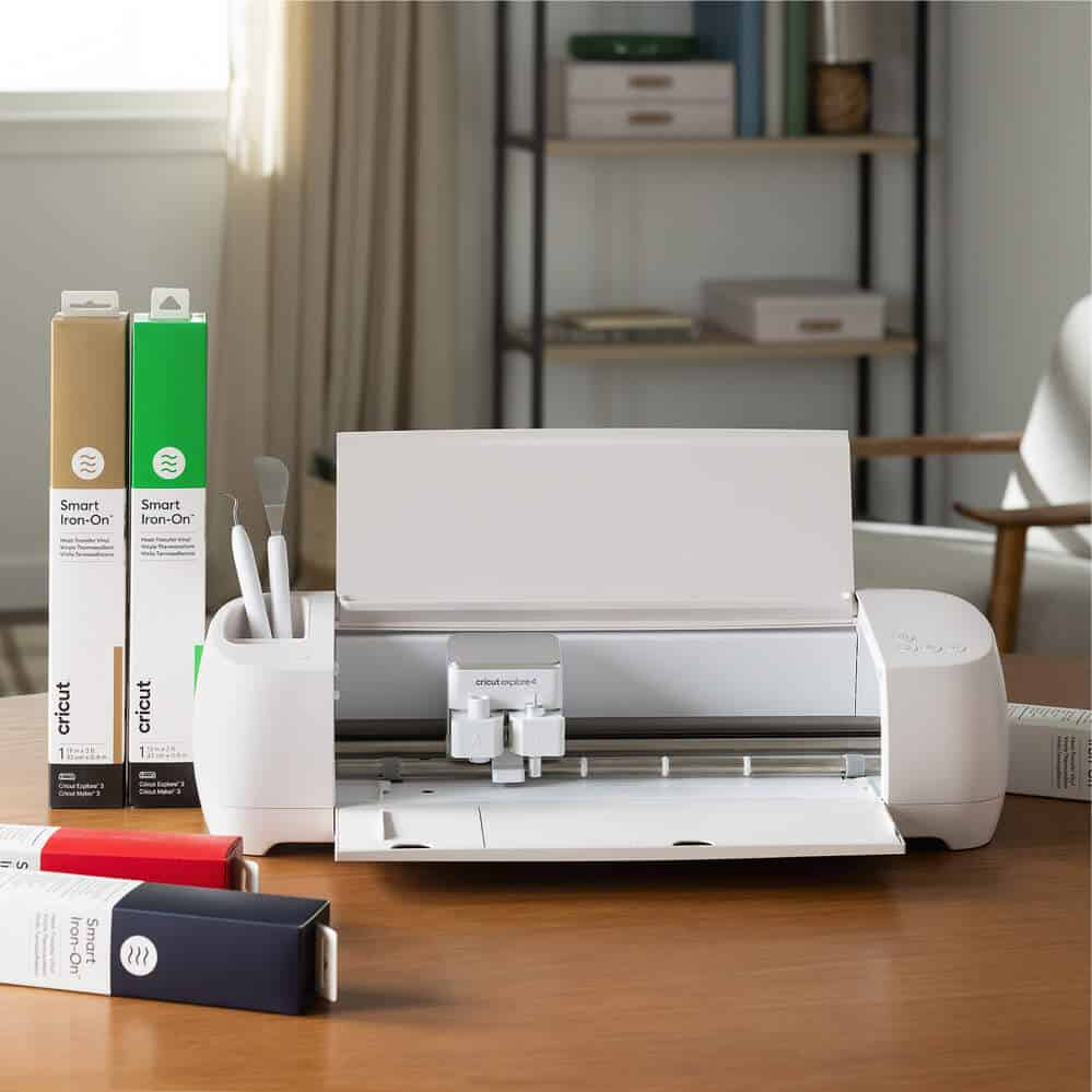 Alt text: White Cricut Explore 4 cutting machine with its lid open, displayed on a wooden desk in a bright, modern craft room. The machine is surrounded by Cricut accessories including rolls of Smart Iron-On vinyl in gold, green, red, and navy blue packaging, and a white cup holding weeding tools. A metal shelving unit with storage boxes is visible in the background, along with natural light from a window and a contemporary chair.