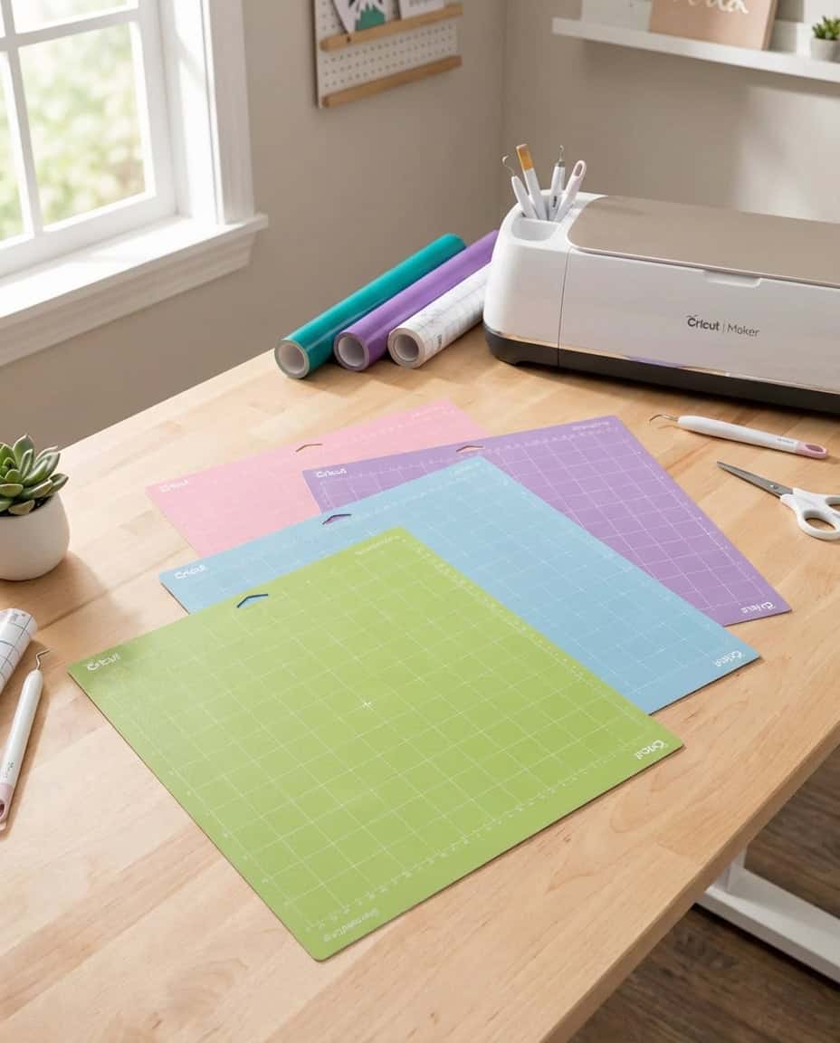 Cricut craft workspace featuring four Cricut cutting mats fanned out on a wooden desk: green StandardGrip, blue LightGrip, purple StrongGrip, and pink FabricGrip mats. A white Cricut Maker machine sits in the background alongside rolls of teal and purple vinyl and a cup holding weeding tools. Scissors and a weeding hook rest on the desk, with a small succulent plant in a white pot nearby. Natural light streams through a window, and shelves with small plants and decor are visible in the background.