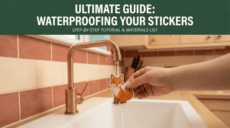 Ultimate Guide to Waterproofing Your Stickers - hand holding a cute fox sticker under running water from copper faucet to demonstrate waterproof durability, step-by-step tutorial and materials list
