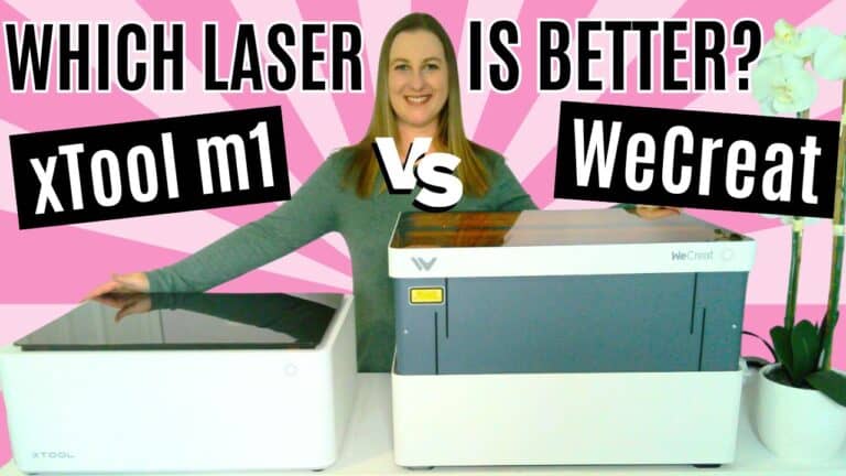 Comparison of xTool M1 and WeCreat Vision laser engravers for 2024, featuring images of both machines on a green background with the question: 'Which laser engraver is better? xTool or WeCreat?'. Includes a woman smiling and a thinking emoji for emphasis.
