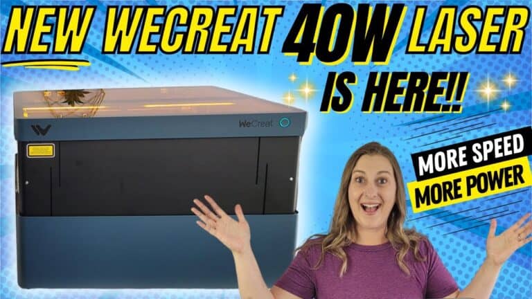 Unboxing and testing the WeCreat Vision 40W Laser Engraver, featuring Kerri Adamczyk excitedly presenting the machine, with text highlighting its speed and power against a vibrant blue background.