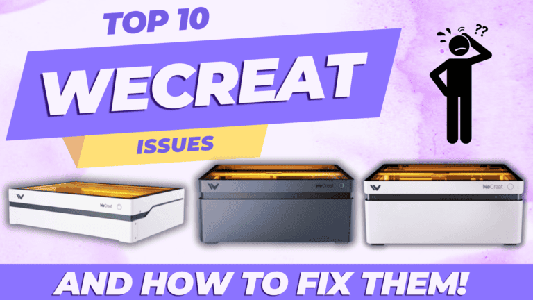 Image illustrating 'Top 10 WeCreat Laser Issues and How to Fix Them,' featuring three WeCreat laser machines and a puzzled figure on a purple background, highlighting common problems and solutions for improving engraving quality.
