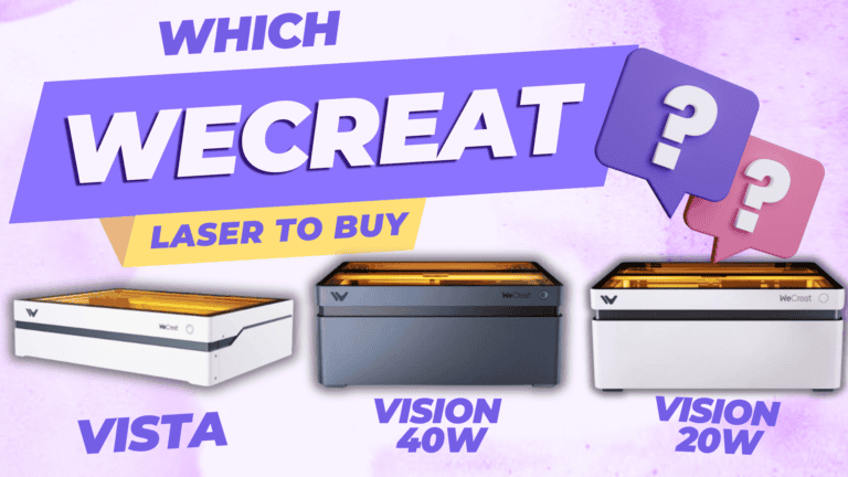 Image featuring three WeCreat Laser models for crafting and custom engraving. From left to right: Vista, Vision 40W, and Vision 20W, with a vibrant purple background. Text overlay reads 'Which WeCreat Laser to Buy?' highlighting choices for engraving enthusiasts.