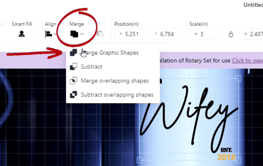 WeCreat MakeIt Merge menu with Merge Graphic Shapes selected for the Wifey design