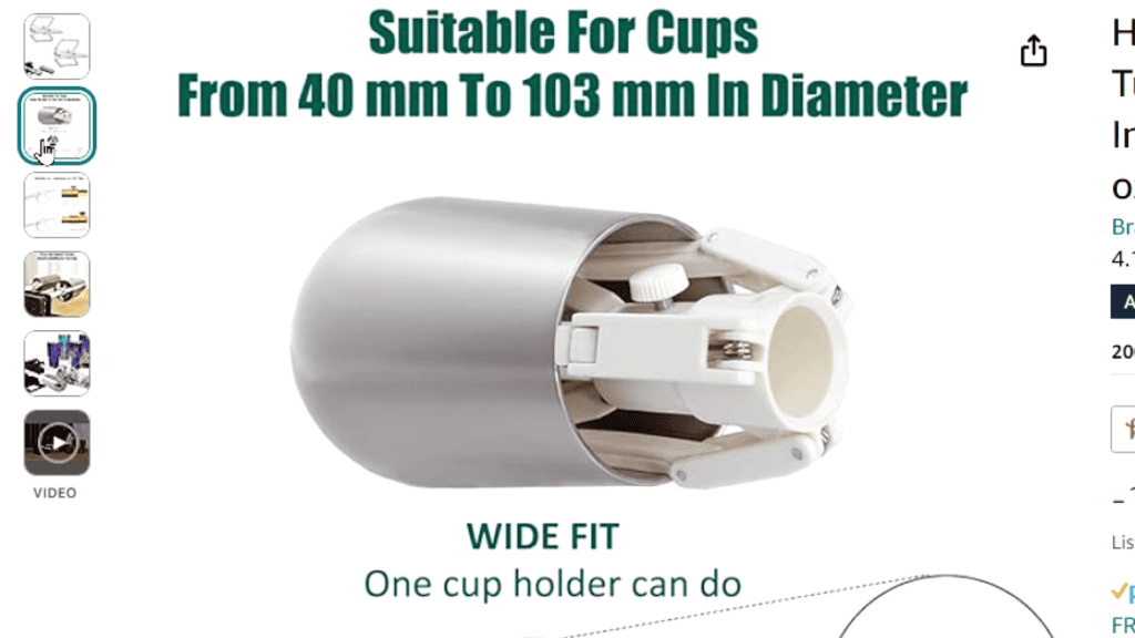 Diagram showing the rotary cup holder fits cups from 40mm to 103mm in diameter
