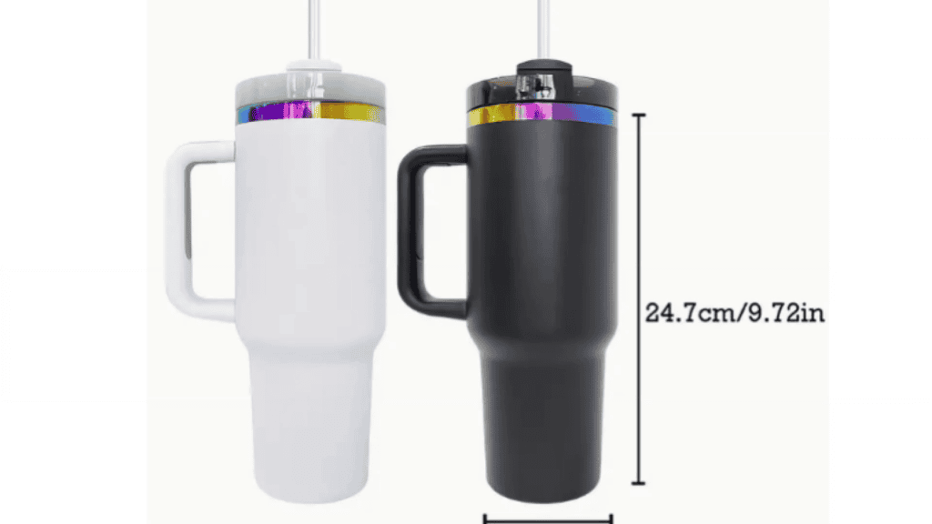 Product listing showing white and black 40oz tumblers measuring 24.7cm or 9.72 inches tall