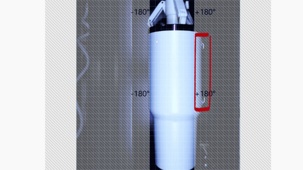 Software preview of the tumbler wrap area marked with plus and minus 180 degrees