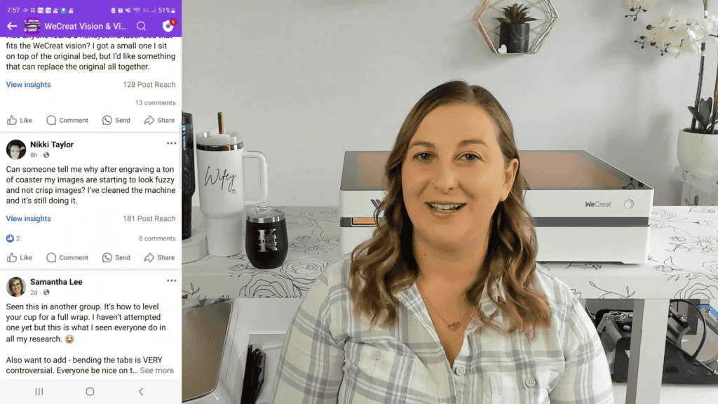 Kerri talking to camera with Facebook comments about the WeCreat rotary overlaid on screen