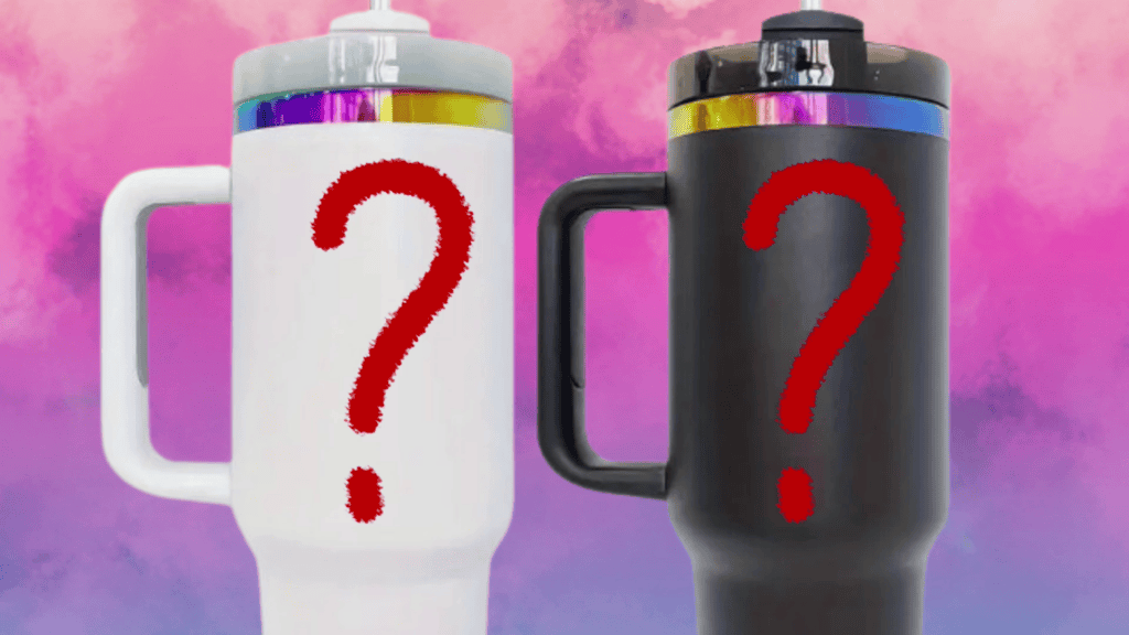 White and black 40oz tumblers with red question marks over them, asking where to find designs