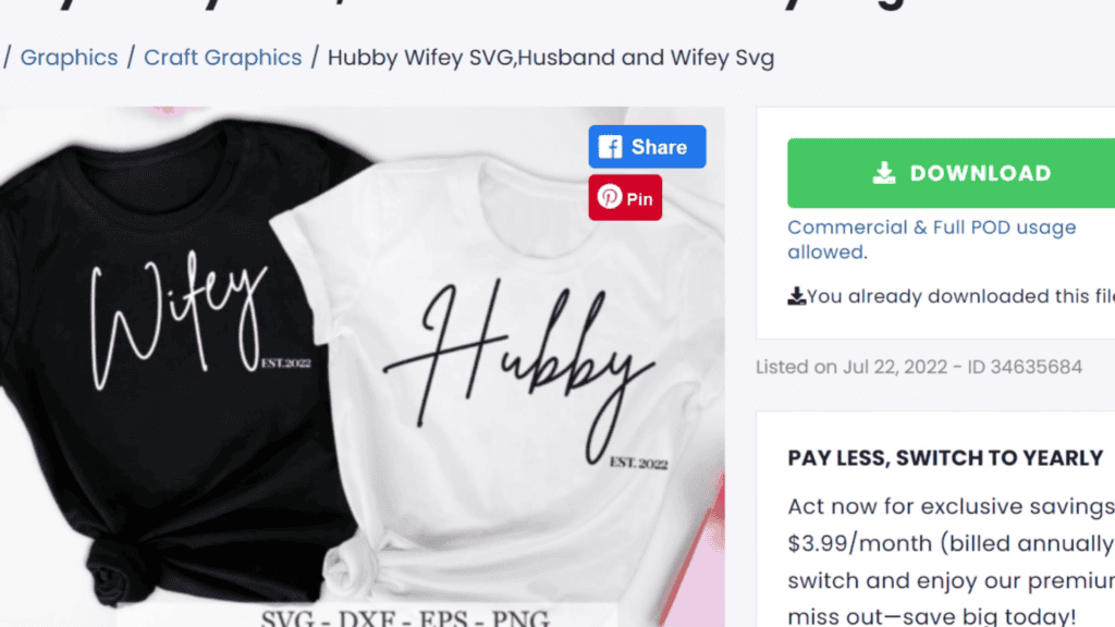 Creative Fabrica listing for a Hubby and Wifey SVG design set on black and white shirts