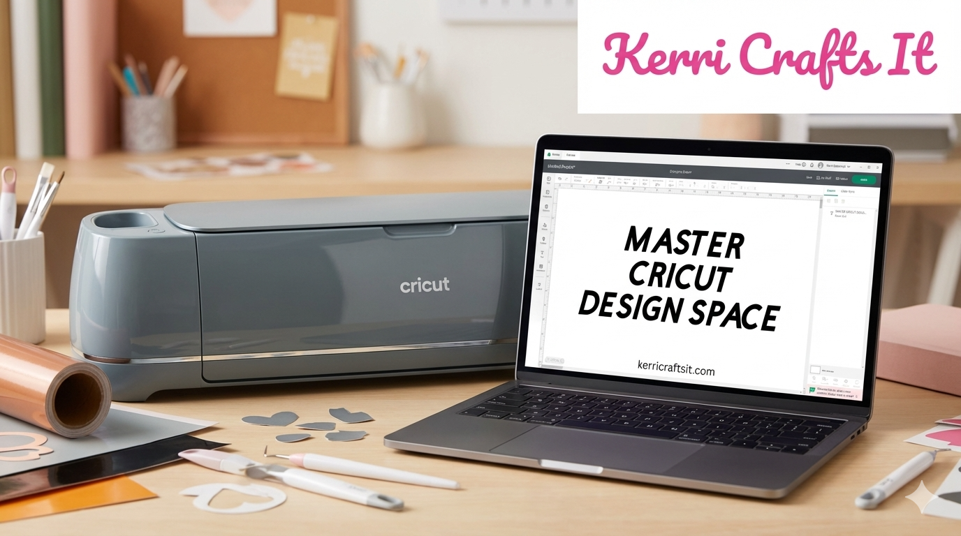 Craft workspace featuring a dark gray Cricut cutting machine next to an open laptop displaying Cricut Design Space software with the text "Master Cricut Design Space" and "kerricraftsit.com" on screen. The desk is surrounded by crafting supplies including a roll of copper vinyl, cut gray paper flowers, weeding tools, pens, and colorful paper. The Kerri Crafts It logo appears in pink script in the upper right corner.