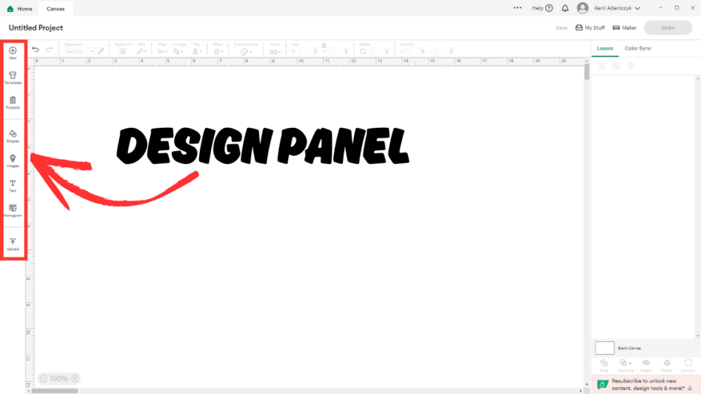 Screenshot showing the location of the Design Panel in Cricut Design Space.