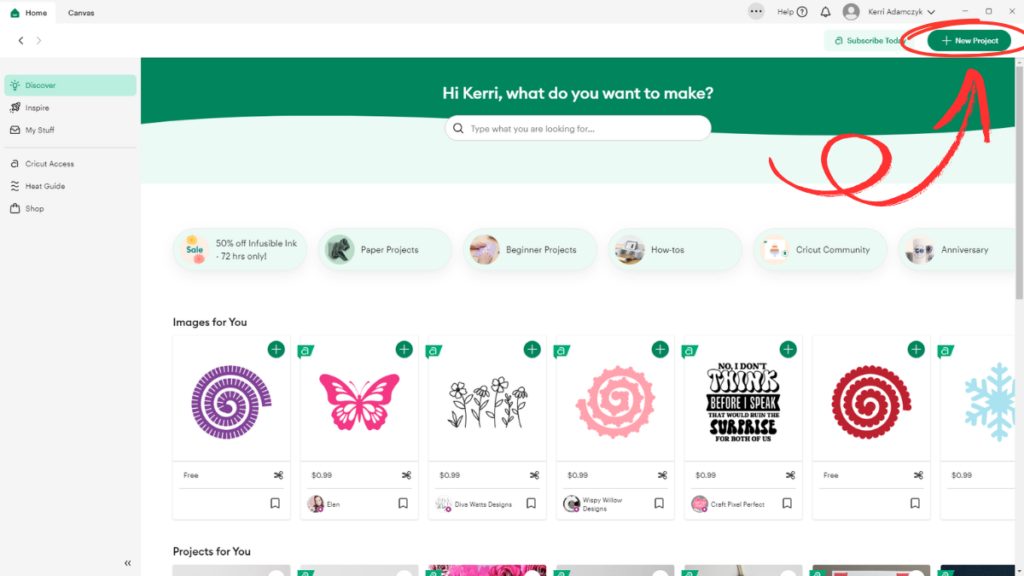User interface displaying a new project option on a design platform homepage.