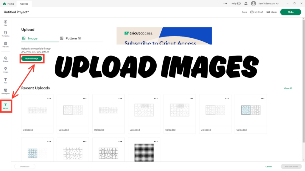 Screenshot showing the location of the 'Upload Images' tool in Cricut Design Space.
