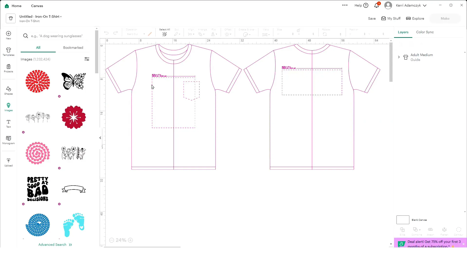 Iron on t-shirt project option with sizing guide in Design Space