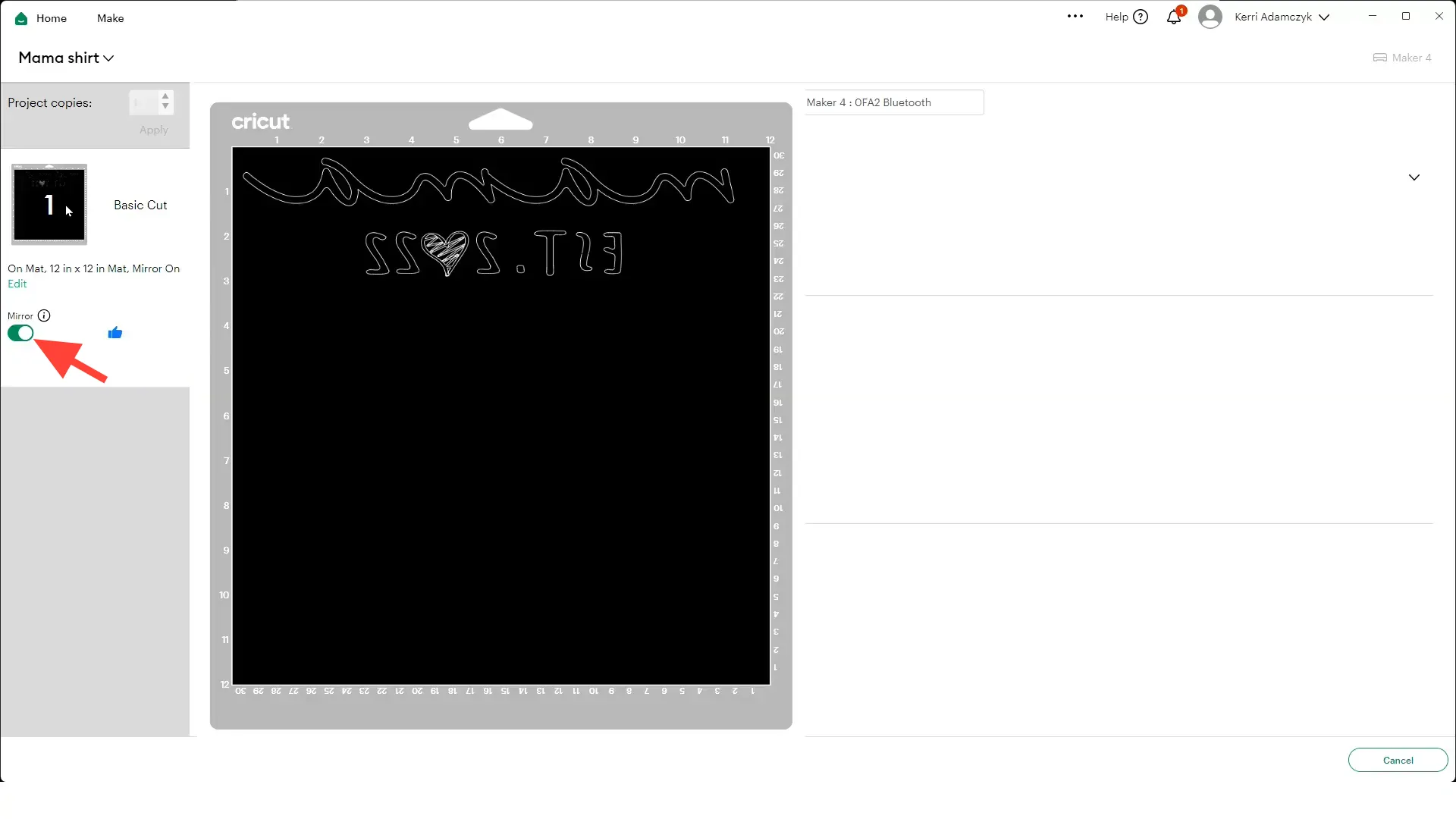 Design Space mirror toggle for heat transfer vinyl