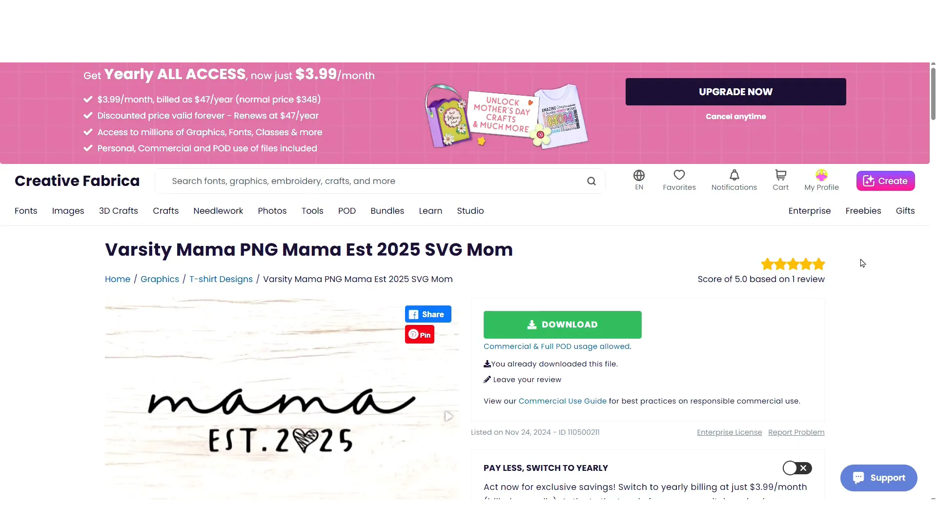 Downloading SVG design from Creative Fabrica