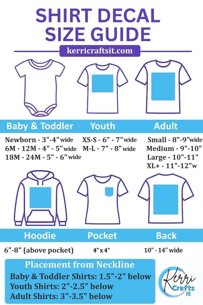 Shirt decal size chart showing decal sizes and placement measurements for baby, toddler, youth and adult shirts, plus hoodie, pocket and back designs