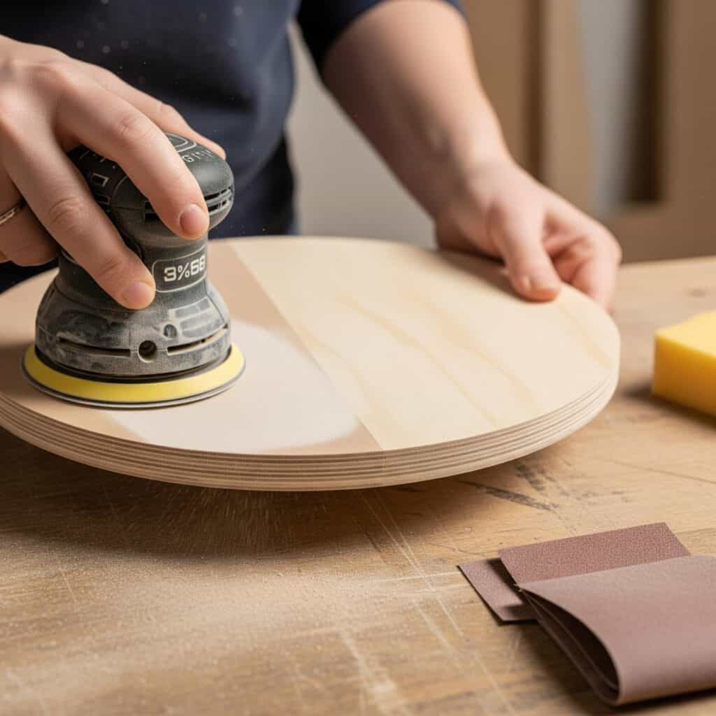 Person sanding a round wooden sign with an electric sander to prepare a smooth surface for vinyl application in a Cricut craft project.