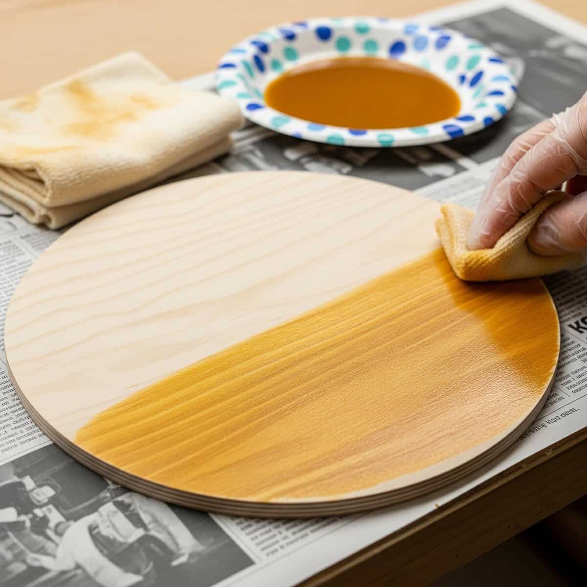 Person staining a round wooden sign with a cloth to prepare a smooth, finished surface for vinyl application in a Cricut wood sign project.
