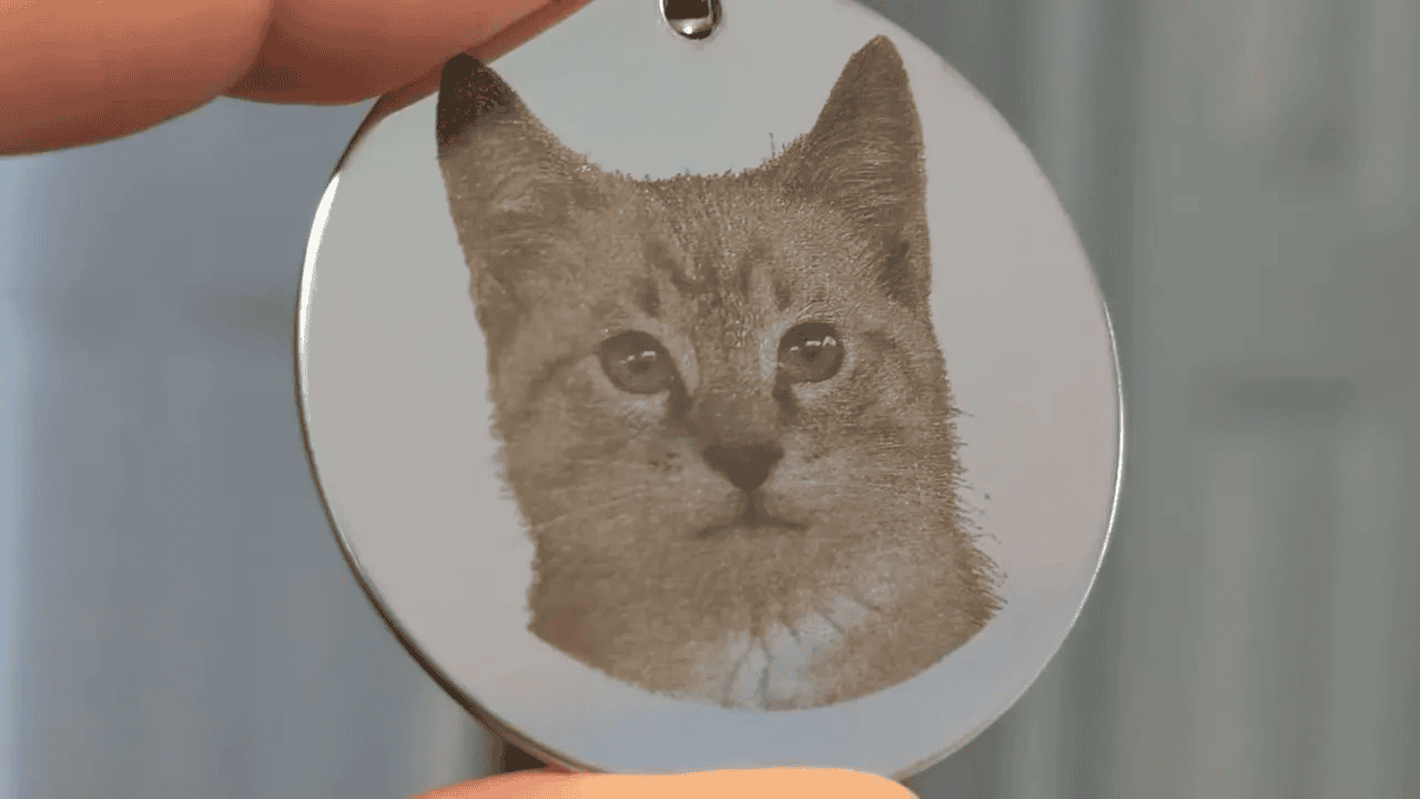 Close-up of engraved kitten photo on stainless steel keychain showing detailed fur
