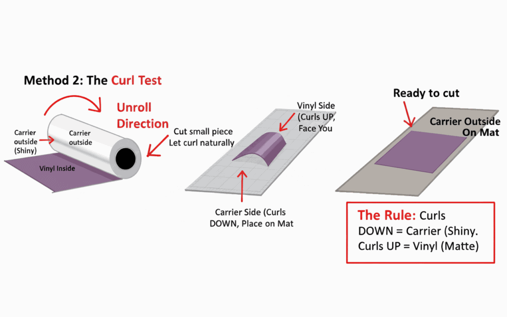 Illustration showing the HTV curl test to identify which side to cut. The vinyl roll has a shiny carrier side on the outside and a matte vinyl side inside. A small piece naturally curls with the shiny carrier side down and the matte vinyl side up. The rule shown: curls down equals carrier (shiny), curls up equals vinyl (matte). Place the carrier side down on the cutting mat, ready to cut.