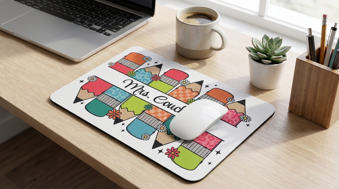 How to Make 3D Sublimation Ornaments That Pop Right Off the Surface 2 Personalized teacher mouse pad with colorful pencil design displayed on a light wood desk with laptop, coffee mug, succulent plant, and pencil holder - styled product photo showing sublimation gift idea