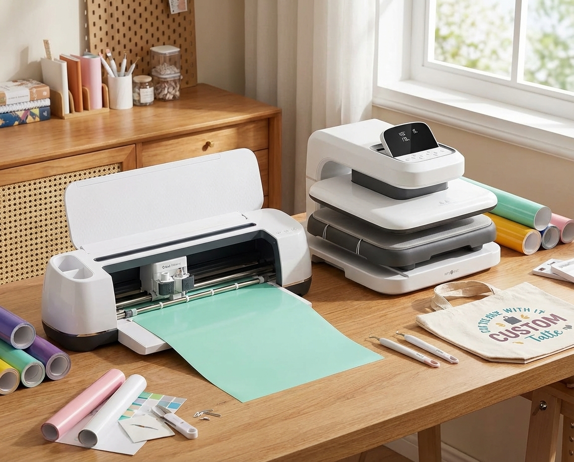 How to Make 3D Sublimation Ornaments That Pop Right Off the Surface 10 Craft workspace featuring HTVRont Auto Heat Press 2 with flip-up control panel alongside a Cricut cutting machine, vinyl rolls, weeding tools, and custom tote bag on wooden desk