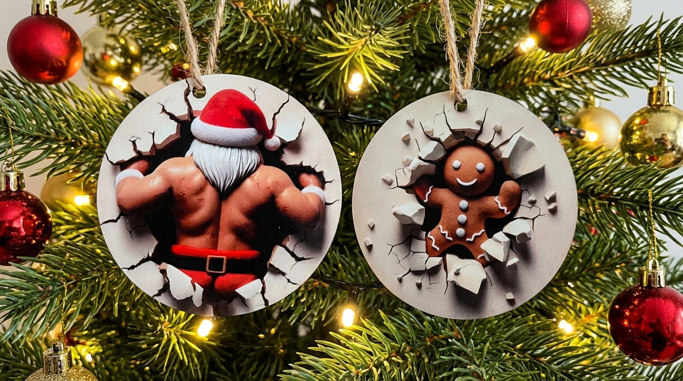 How to Make 3D Sublimation Ornaments That Pop Right Off the Surface 14 Funny 3D sublimation ornaments hanging on Christmas tree - buff muscular Santa from behind and smiling gingerbread man breaking through designs with jute twine hangers, surrounded by red and gold ball ornaments and warm lights