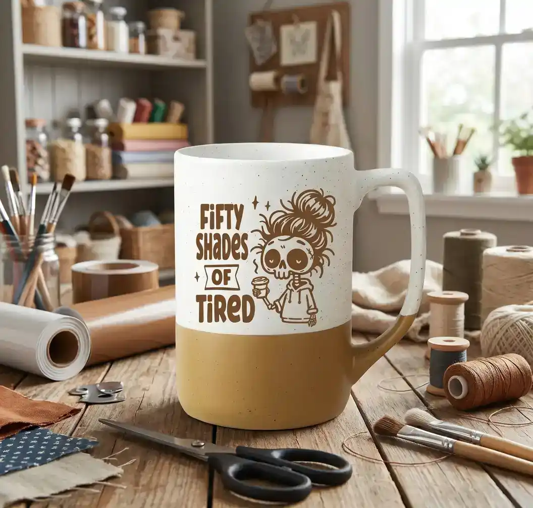 White and tan two-tone speckled ceramic mug with brown vinyl design featuring a tired skeleton character with messy bun hair holding coffee and text reading 'Fifty Shades of Tired,' displayed on rustic wooden table surrounded by craft supplies including scissors, twine, fabric swatches, and paintbrushes in a cozy craft room