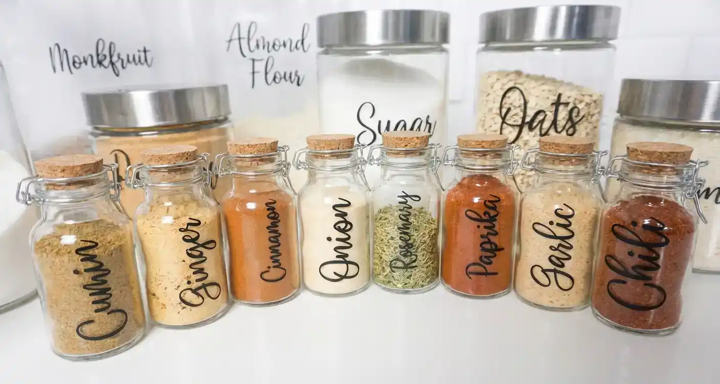 Organized pantry display featuring small cork-topped glass spice jars with black Cricut permanent vinyl script labels including Cumin, Ginger, Cinnamon, Onion, Rosemary, Paprika, Garlic, and Chili in front row, with larger silver-lidded glass containers labeled Monkfruit, Almond Flour, Sugar, and Oats in back row on white background