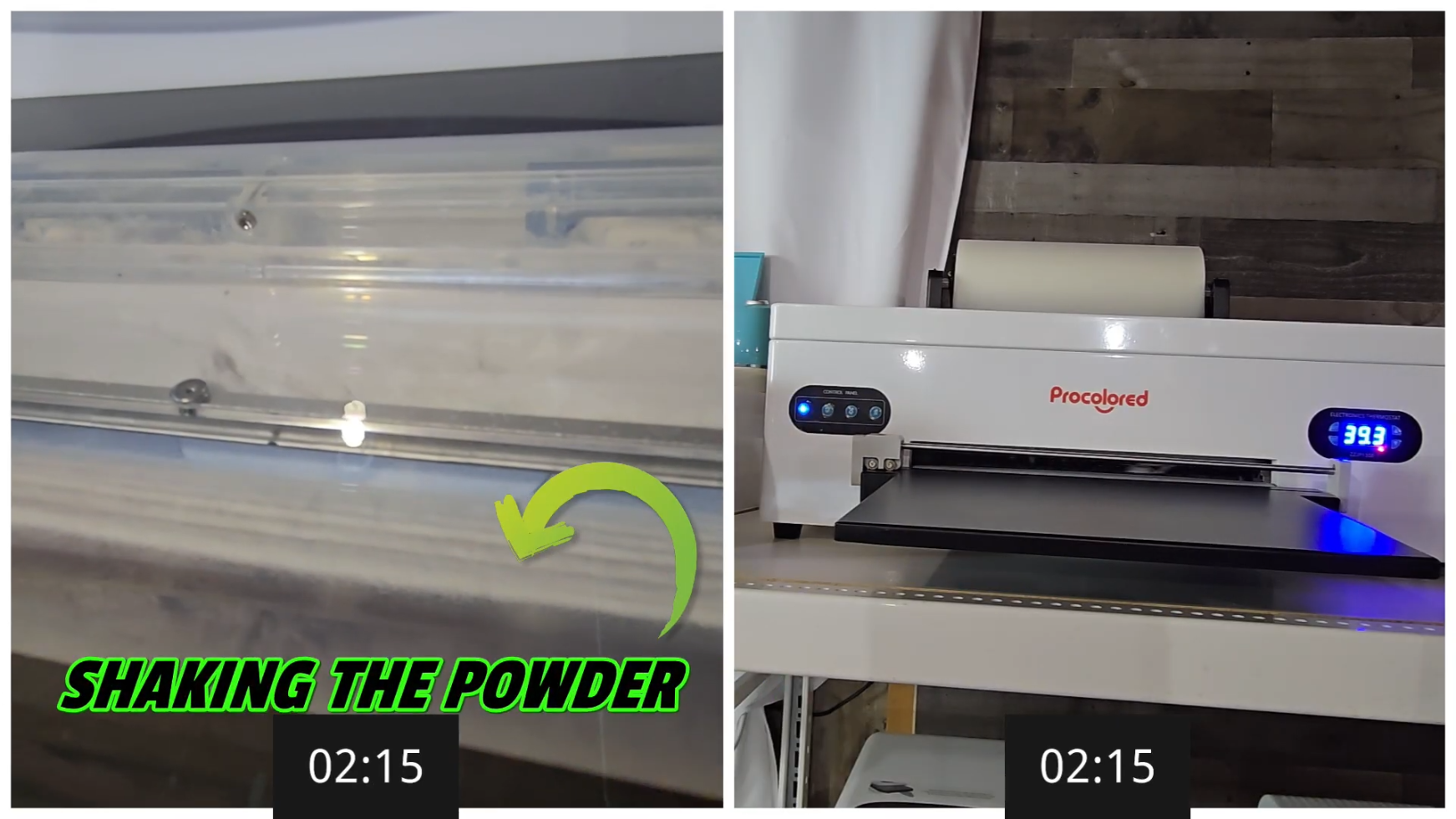 Side-by-side speed test comparison at 2:15 timestamp showing xTool automated powder shaking process on left versus Procolored F13 Panda printer still printing on right