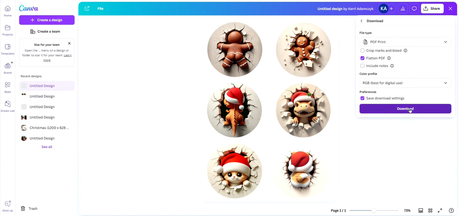 How to Make 3D Sublimation Ornaments That Pop Right Off the Surface 6 Canva download settings panel showing PDF Print file type with Flatten PDF checked - canvas displays six 3D sublimation ornament designs including gingerbread, dinosaur, and cat with Santa hats