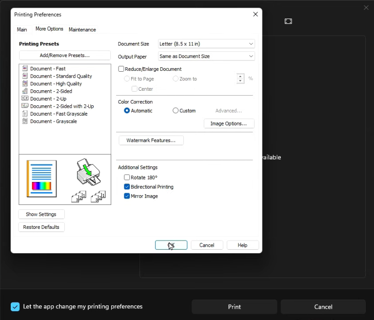 How to Make 3D Sublimation Ornaments That Pop Right Off the Surface 7 Epson printer settings dialog showing critical sublimation print options - Mirror Image checkbox selected under Additional Settings, with document size set to Letter 8.5 x 11 inches
