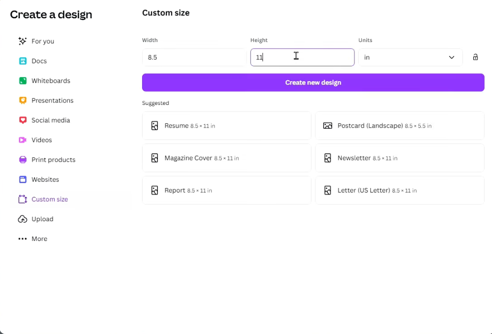 How to Make 3D Sublimation Ornaments That Pop Right Off the Surface 4 Canva custom size dialog box showing how to set up an 8.5 x 11 inch canvas for sublimation printing - enter width, height, and select inches as the unit