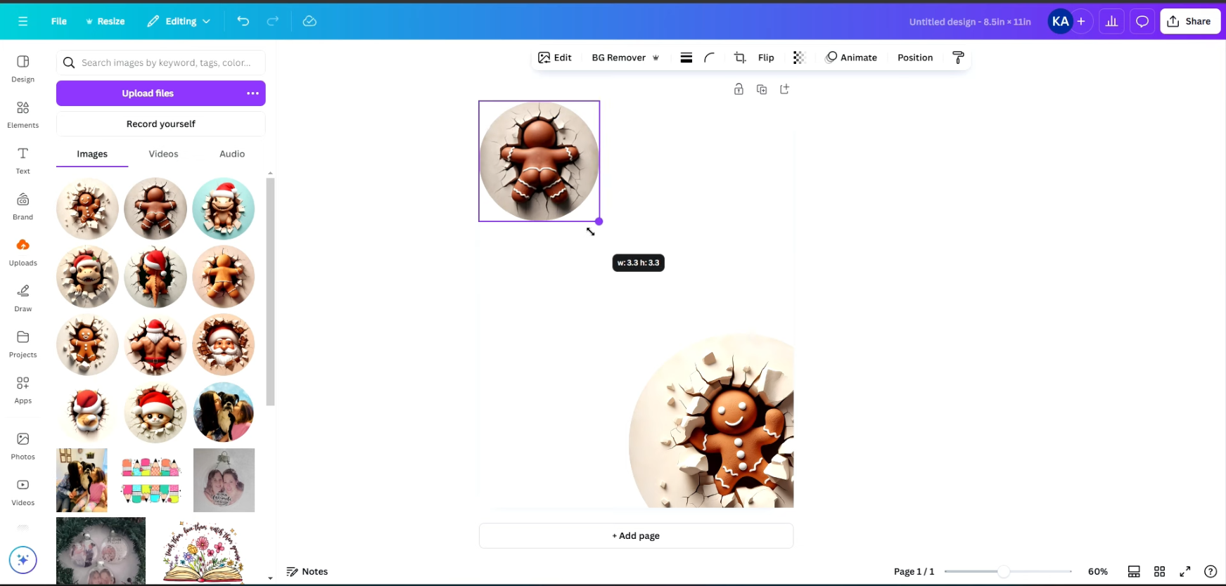 How to Make 3D Sublimation Ornaments That Pop Right Off the Surface 5 Canva workspace showing 3D gingerbread man sublimation designs being resized to 3.3 x 3.3 inches - uploaded designs panel on left with front and back views placed on canvas