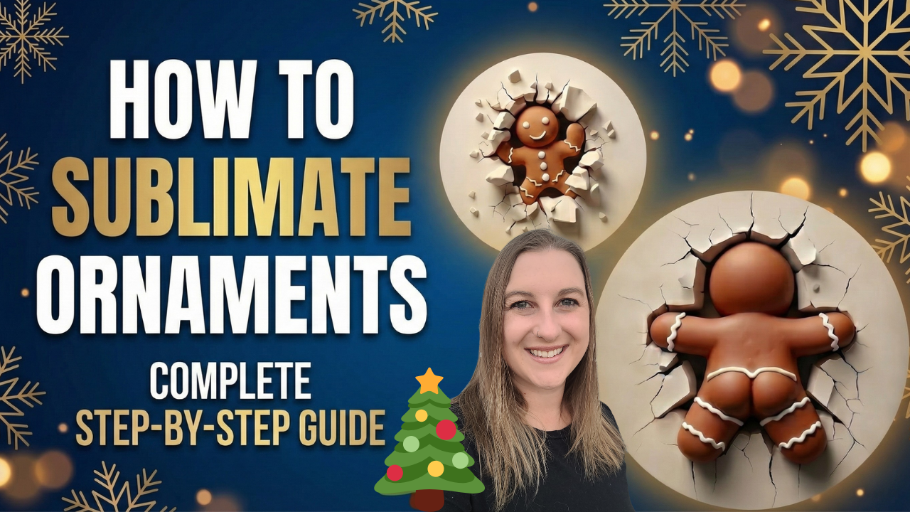 How to Sublimate Ornaments Complete Step-by-Step Guide - Kerri from Kerri Crafts It with funny 3D gingerbread man sublimation ornaments showing front and back designs on festive blue background with snowflakes