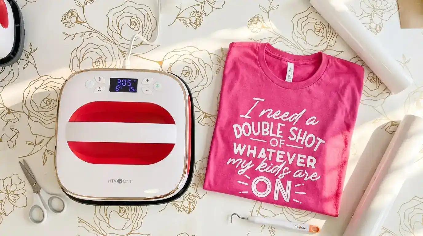 HTVRONT heat press set to 305°F next to a folded pink t-shirt with white heat transfer vinyl design reading 'I need a DOUBLE SHOT OF WHATEVER my kids are ON,' with scissors, vinyl rolls, and weeding tool on a floral background