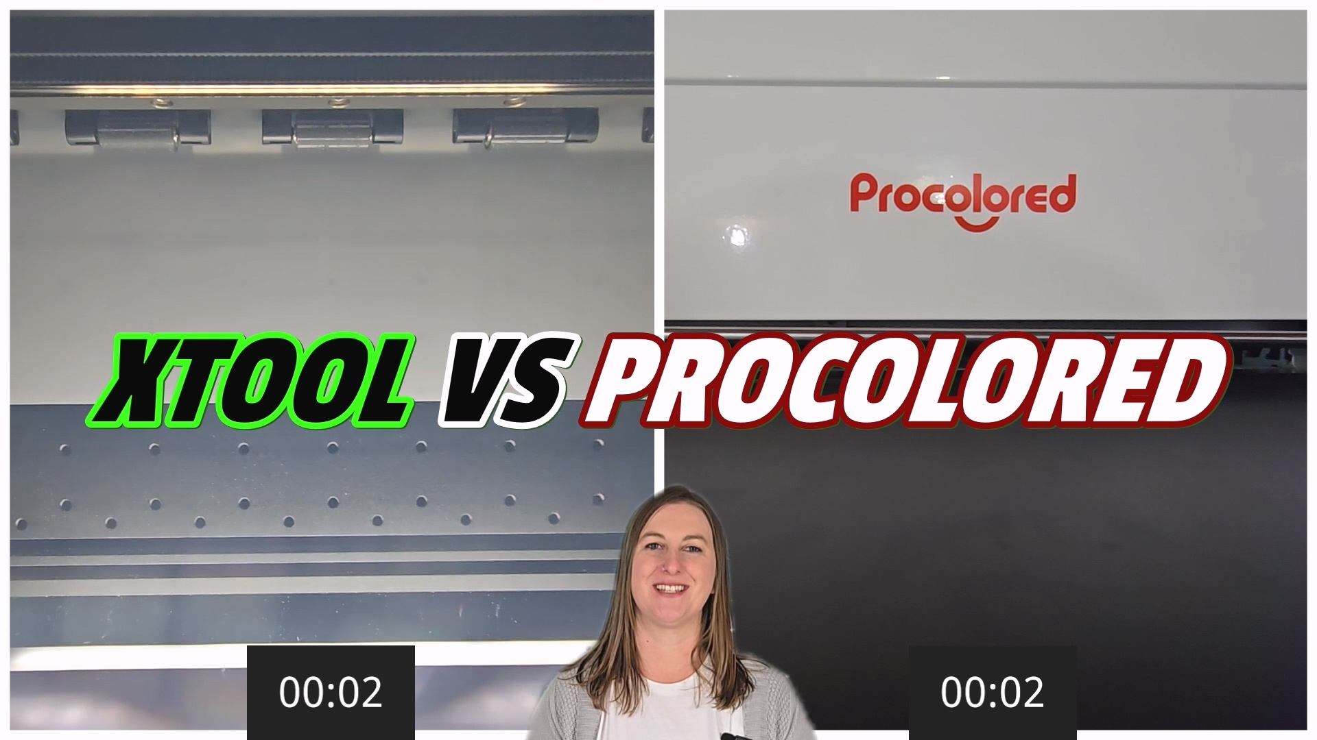 Split-screen comparison showing xTool and Procolored DTF printers side by side with timers at 00:02, featuring presenter Kerri Adamczyk in center with "xTool VS Procolored" text overlay