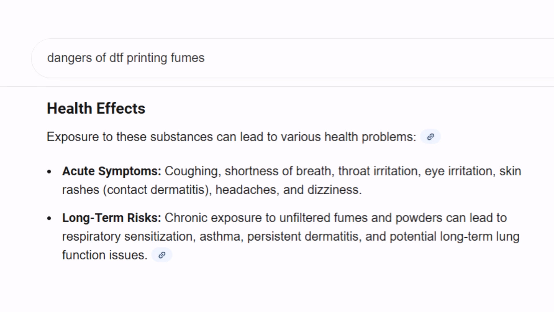 Screenshot of web search results showing health effects of DTF printing fumes, listing acute symptoms like coughing, headaches, and dizziness, plus long-term respiratory risks