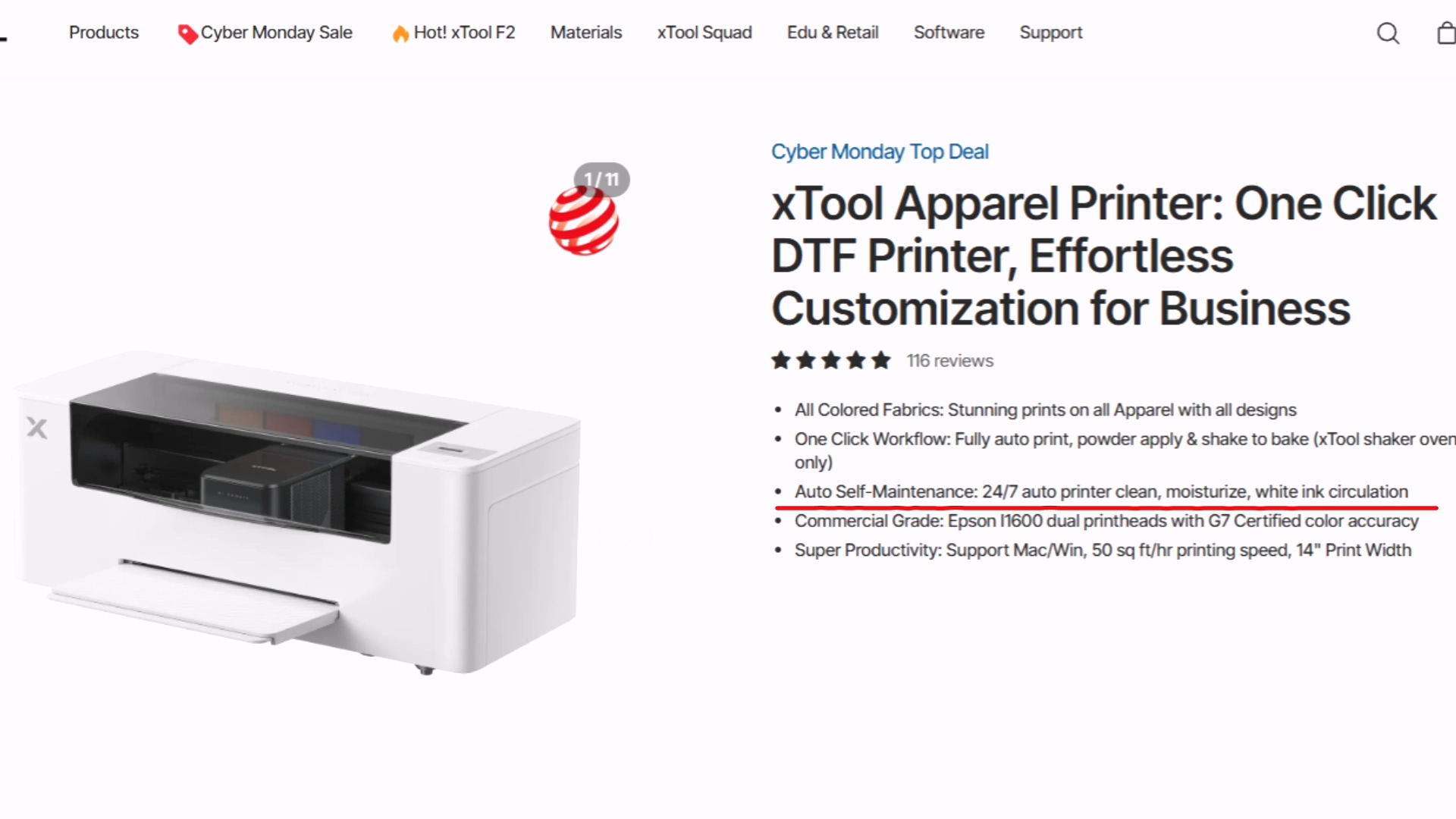 Close-up of xTool Apparel Printer's SmartCycle maintenance system showing translucent moisturizing tank connected to print head assembly with blue LED lighting