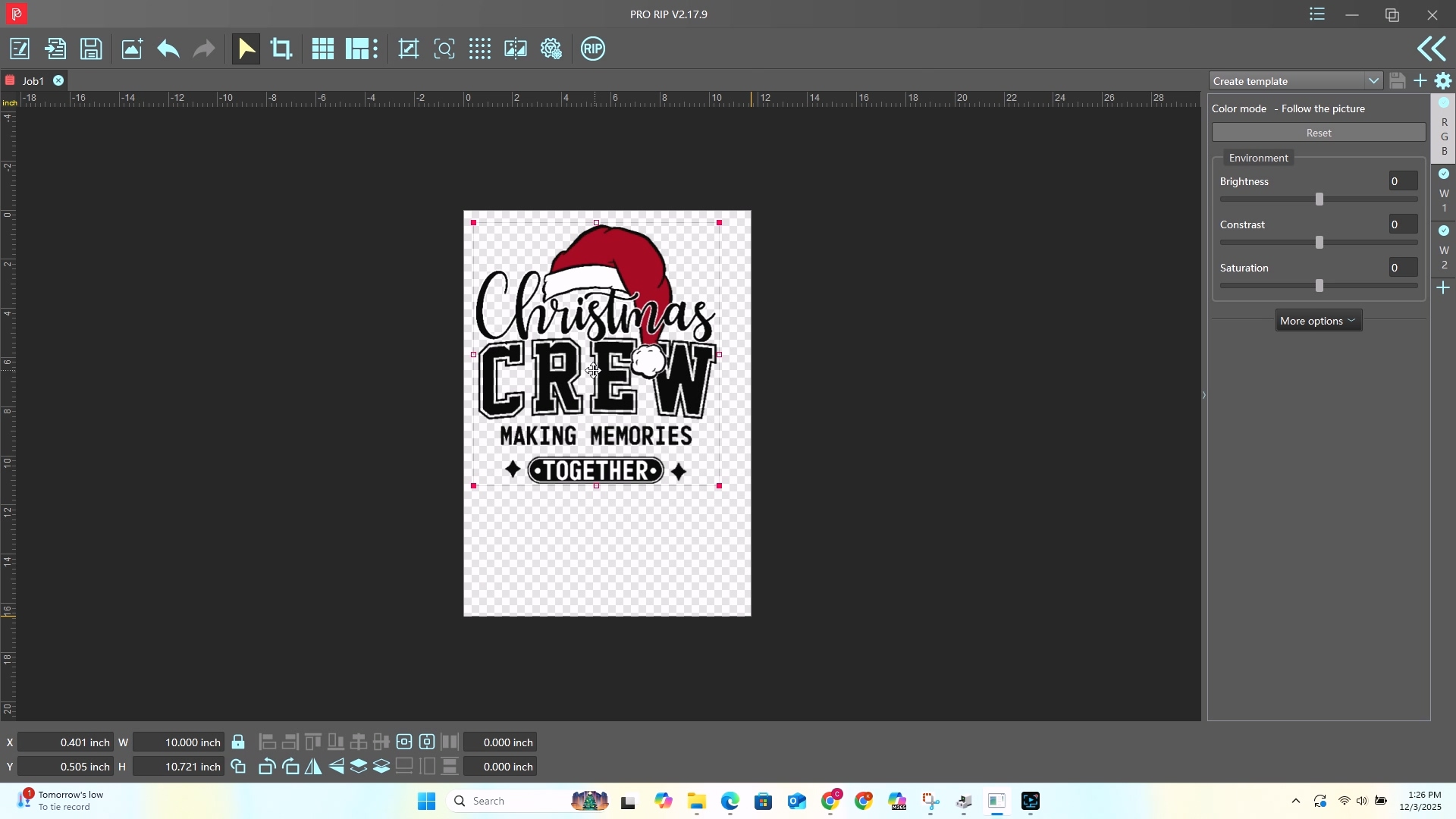 Procolored Pro RIP software interface showing Christmas Crew design loaded for printing with color adjustment panel on right side