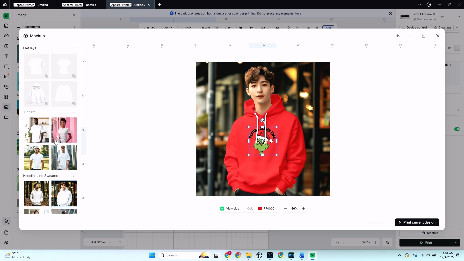 xTool Studio mockup generator interface showing Resting Grinch Face design previewed on red hoodie model, with t-shirt and sweater template options in sidebar