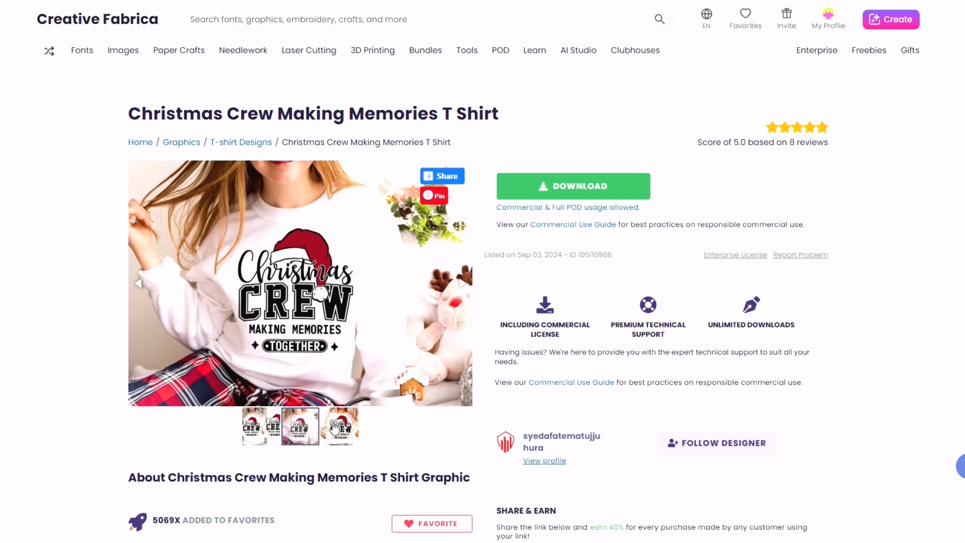 Creative Fabrica website showing Christmas Crew Making Memories T-Shirt design product page with 5-star rating, download button, and commercial license information