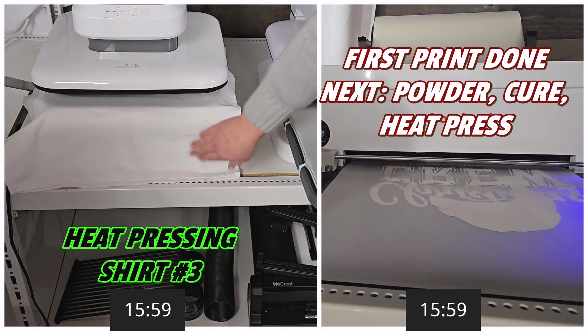 Split-screen speed test at 15:59 showing xTool heat pressing third shirt on left while Procolored on right shows first print complete with text "Next: Powder, Cure, Heat Press"
