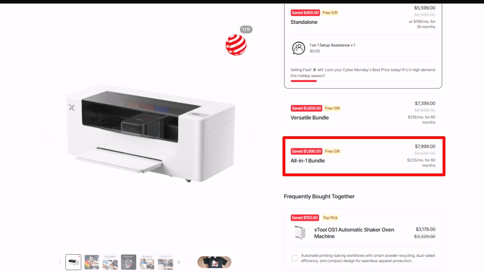 xTool website product page showing Apparel Printer with bundle pricing options - Standalone at $5,599, Versatile Bundle at $7,399, and All-in-1 Bundle highlighted at $7,999