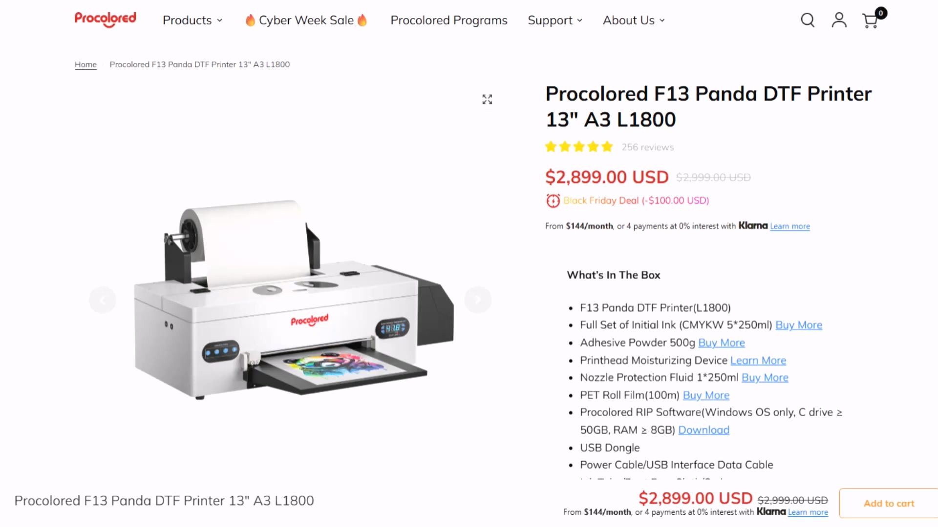 Procolored website product page showing F13 Panda DTF Printer 13" A3 L1800 priced at $2,899 with Black Friday deal, including 256 reviews and what's in the box list