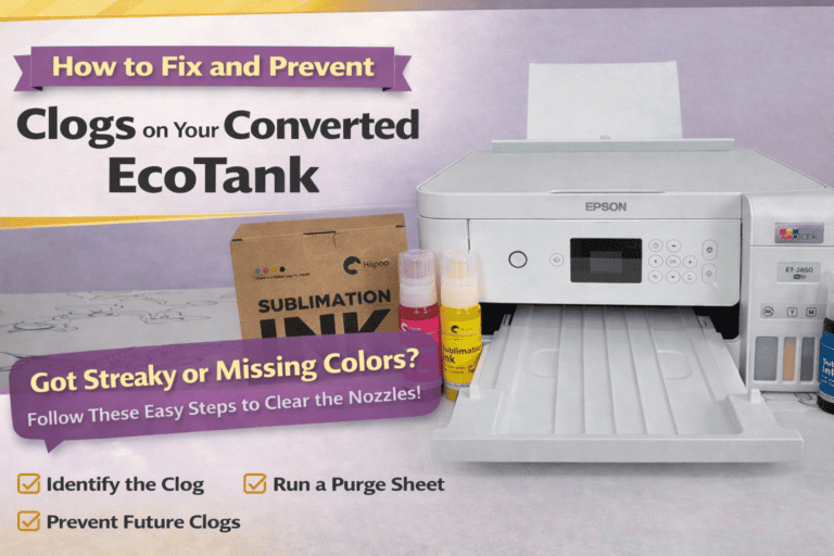 White Epson EcoTank printer with sublimation ink bottles and supplies, featured in a guide on fixing and preventing printer clogs.