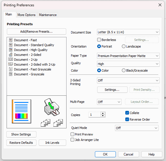 A screenshot of the Epson Printing Preferences dialog box on a Windows computer. The "Paper Type" dropdown menu is selected and set to "Premium Presentation Paper Matte," and the "Quality" setting is set to "High." The "Color" option is selected, and the document size is set to Letter (8.5 x 11 in).