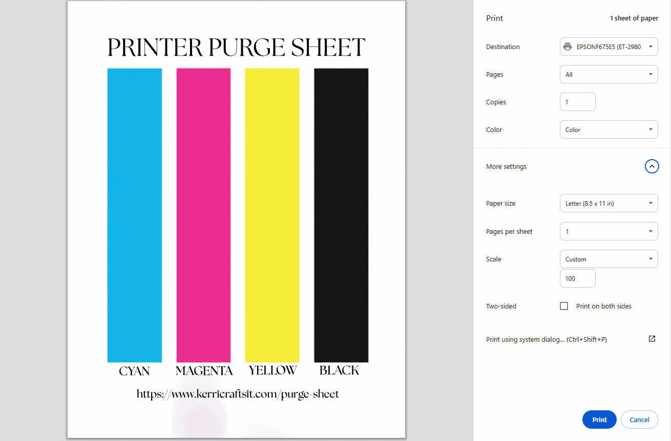 A printer purge sheet featuring four thick, solid vertical bars in Cyan, Magenta, Yellow, and Black (CMYK). The text "PRINTER PURGE SHEET" is centered at the top, each color is labeled at the bottom of its respective bar, and the website URL "https://www.kerricraftsit.com/purge-sheet" is displayed at the base of the page.